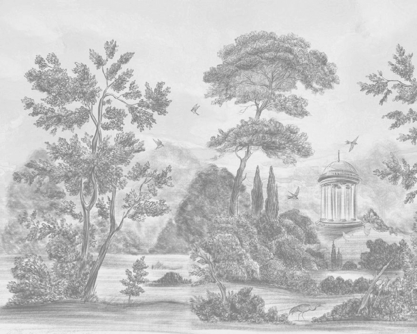 Papier peint panoramique Villa Borghese Rome – Gravure noir et blanc pins italiens - Muralconcept