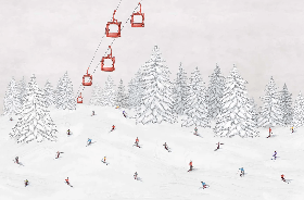 Papier peint télécabine skieurs colorés - Muralconcept