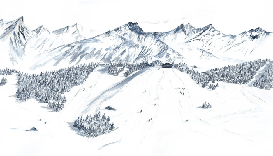Papier peint montagne Megève – Fresque artistique peinte à la main - Muralconcept