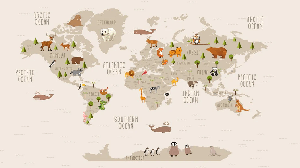 Carte du monde illustrée Animaux beige - Muralconcept