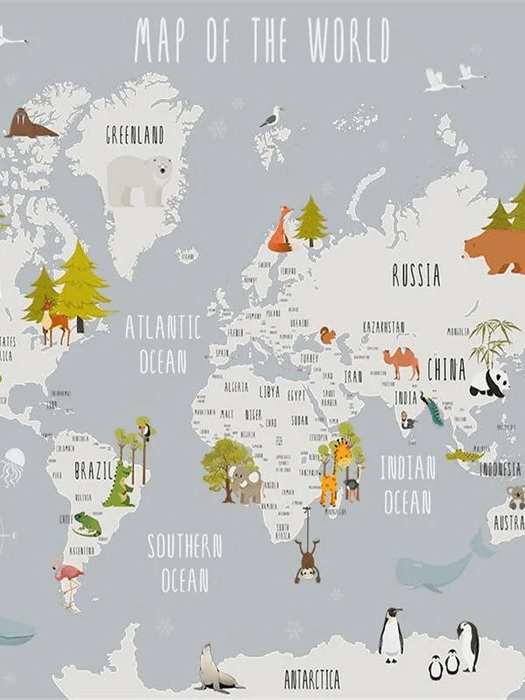 Papier peint chambre enfant map animaux gris clair - Muralconcept
