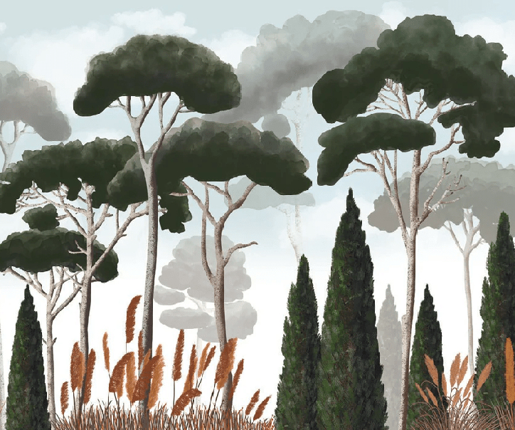 Papier peint sur mesure cyprès pins et herbes de la pampa, XXL, tendance