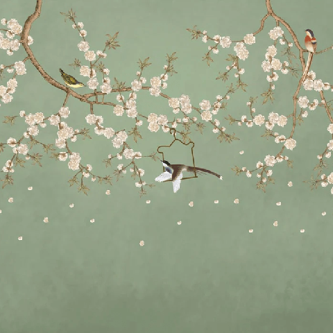 Papier peint sakura zen vert - Muralconcept