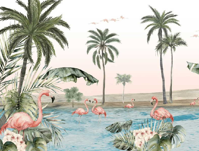 Papier peint oasis flamingo