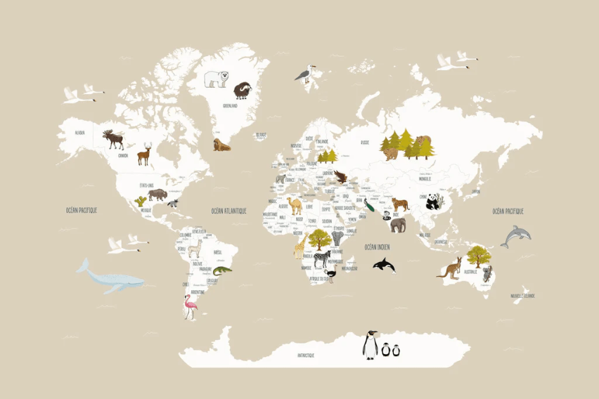 Papier peint Carte du monde en Francais enfant beige - Muralconcept