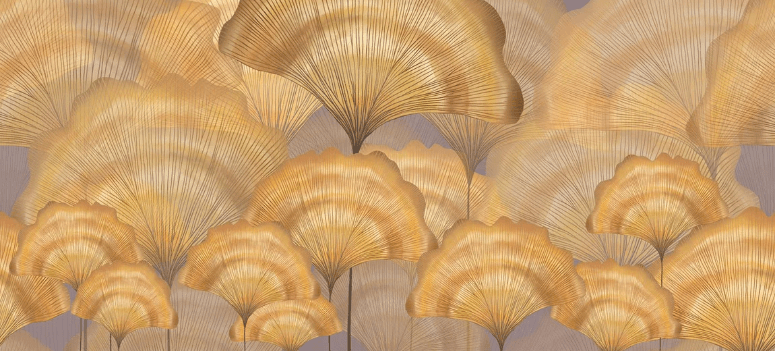 Papier peint salle de bain contemporain ginkgo ocre - Muralconcept