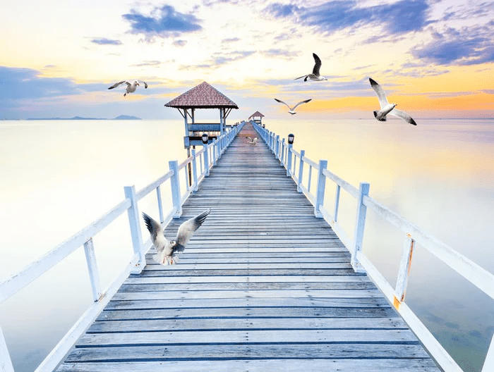 Papier peint trompe l’œil Ponton vue sur mer, XXL, tendance