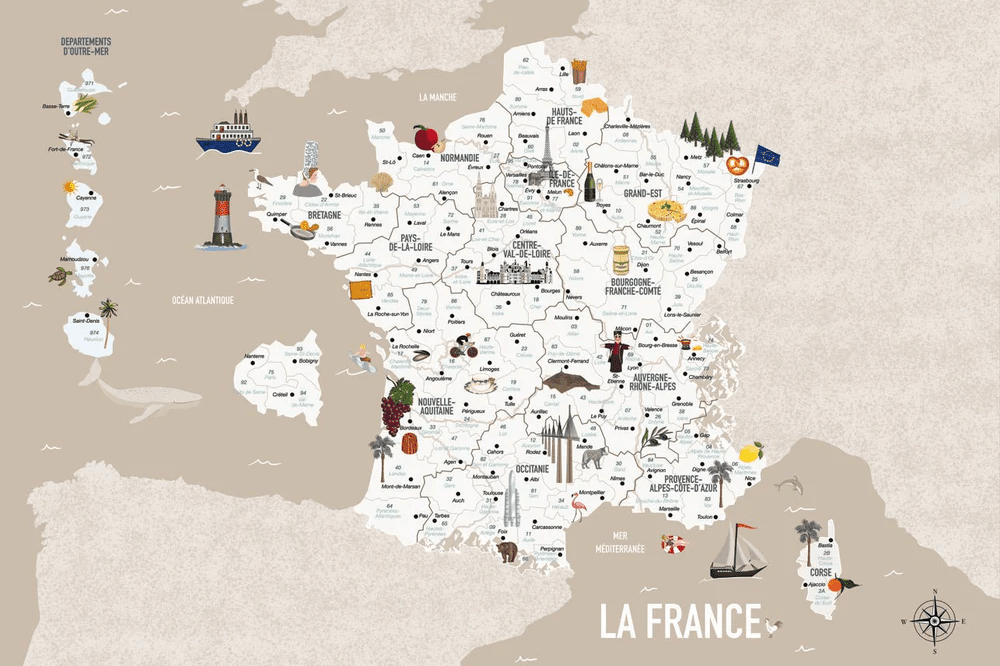 Papier peint carte de France enfant beige - Muralconcept