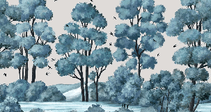 Papier peint paysage rivière forêt bleu - Muralconcept