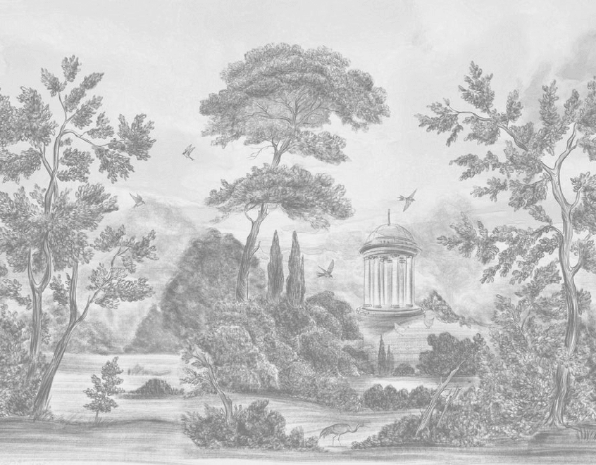 Papier peint panoramique Villa Borghese Rome – Gravure noir et blanc pins italiens - Muralconcept
