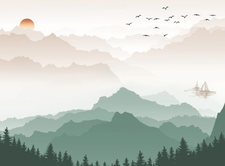 Papier peint montagne dans brume terracotta