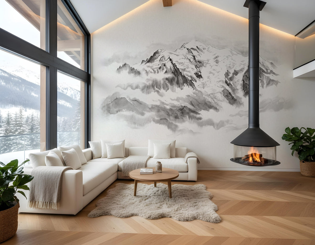 Papier peint panoramique Mont blanc à l'encre de chine – fresques brumeuses
