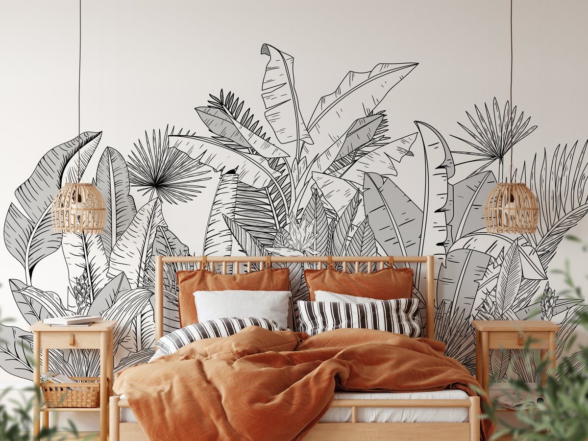 Papier peint panoramique noir et blanc botanic leaf, XXL, tendance