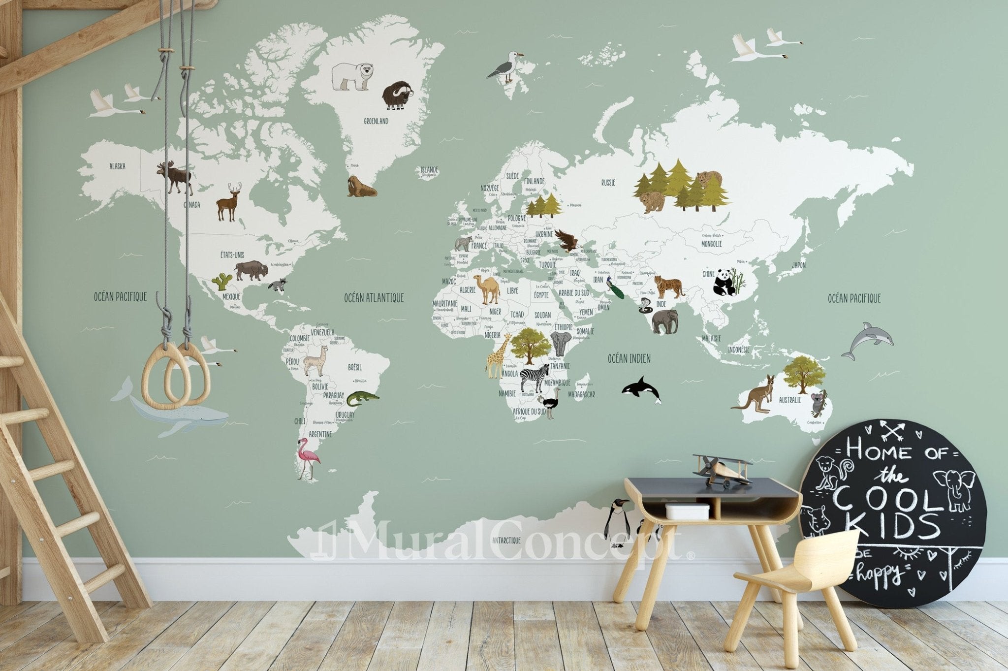 Papier peint Carte du monde en Francais enfant vert, mural concept, tendance