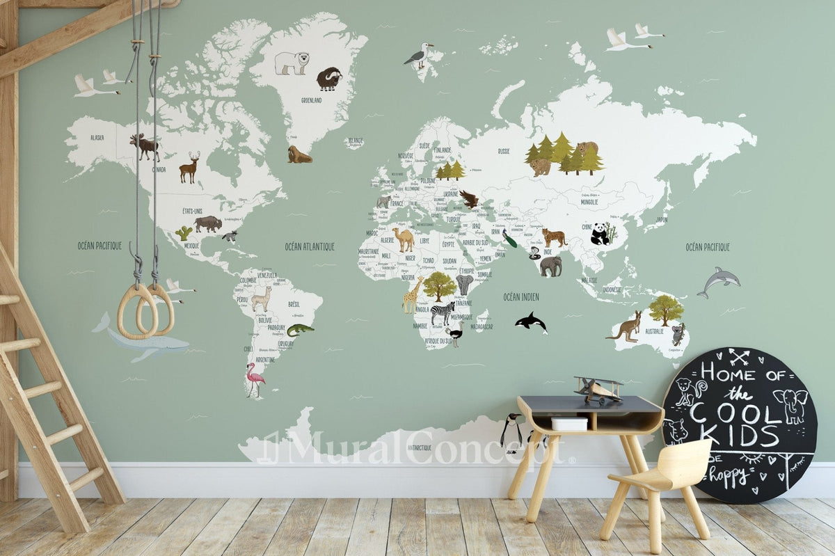 Papier peint Carte du monde en Francais enfant vert