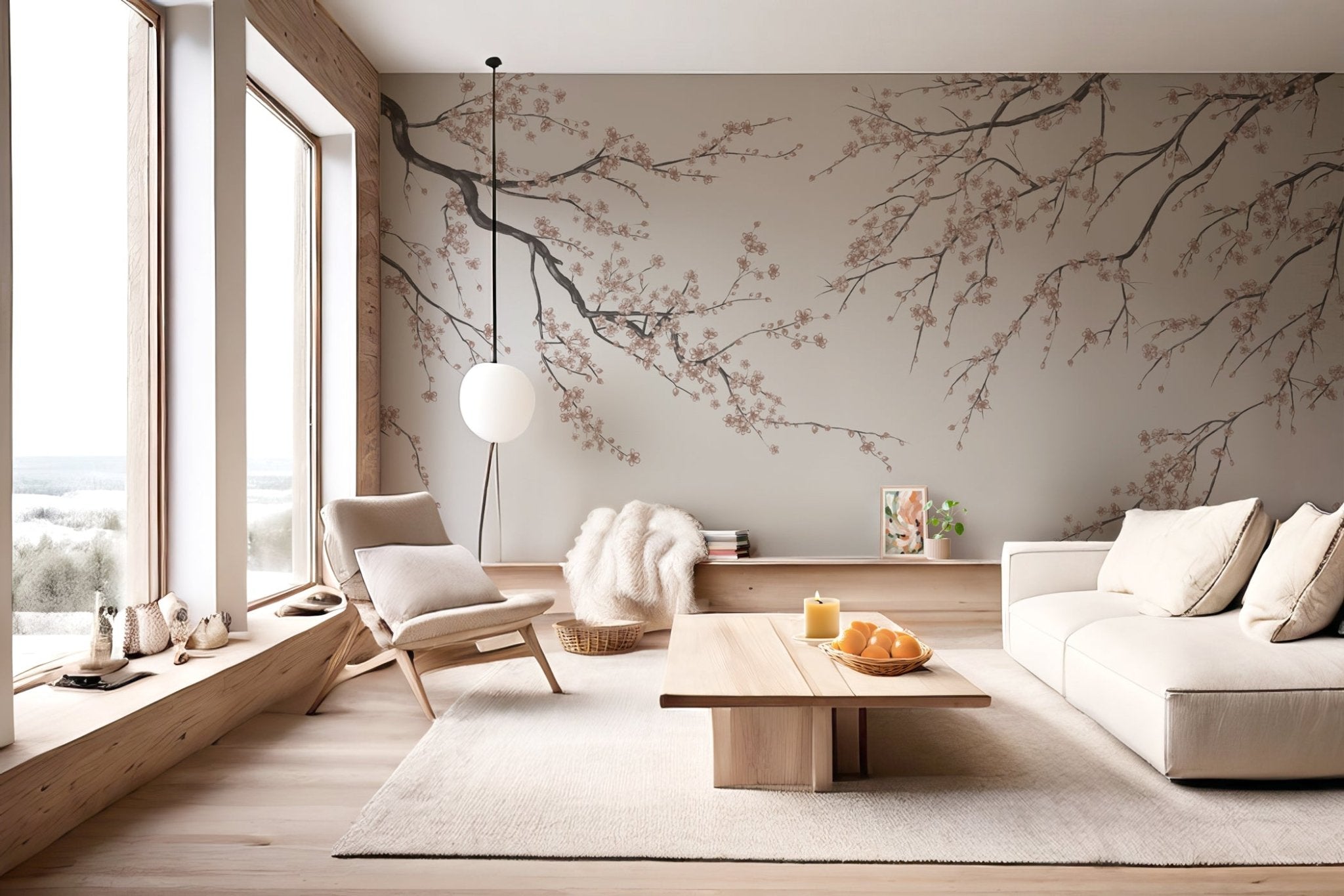 Papier peint panoramique Sakura beige, XXL, tendance