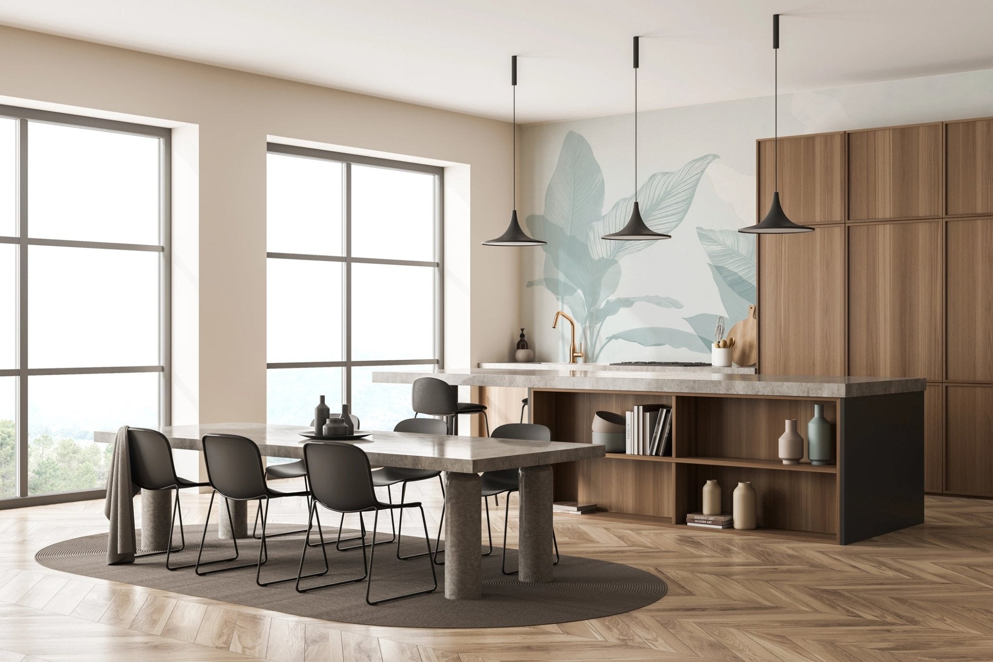 Papier peint feuillage moderne vert d'eau, XXL, tendance