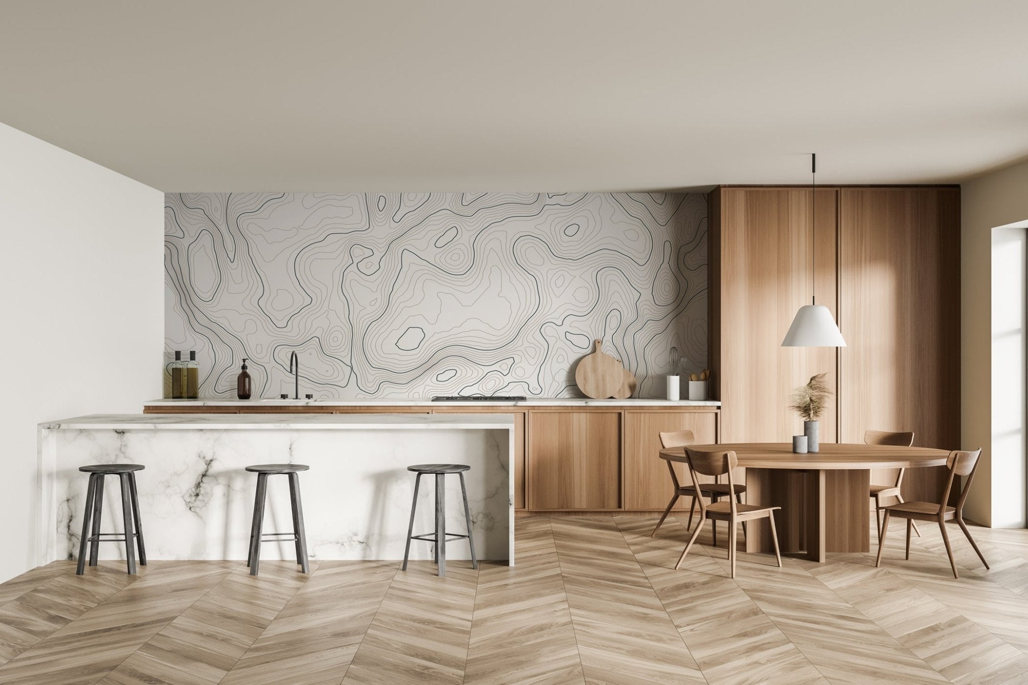 Papier peint ligne topographique - Noir et blanc, XXL, tendance