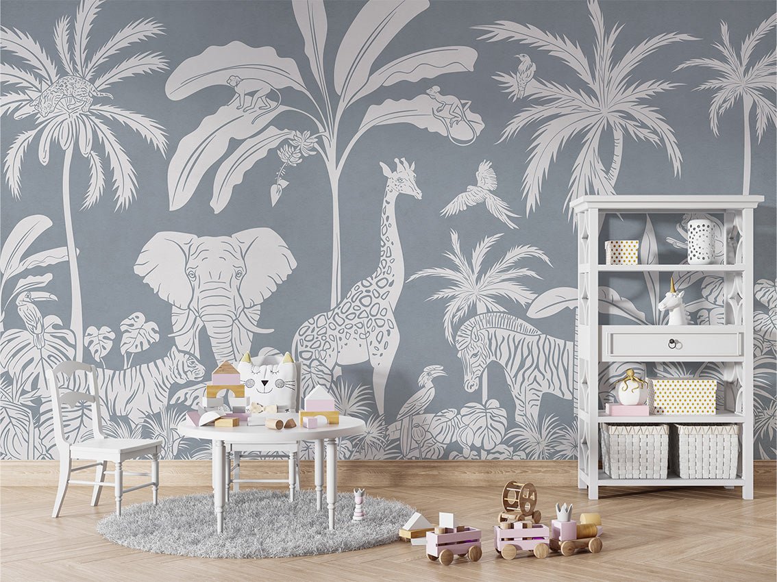 Papier peint enfant safari monochrome bleu