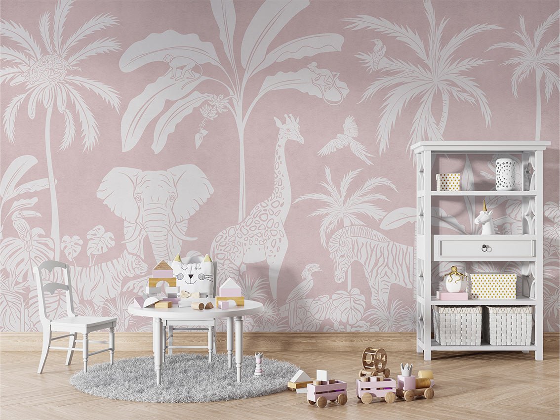 Papier peint enfant safari monochrome rose, XXL, tendance