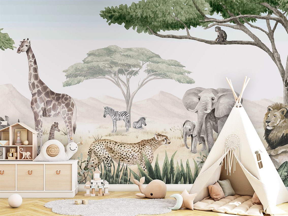 Papier peint enfant savane en peinture