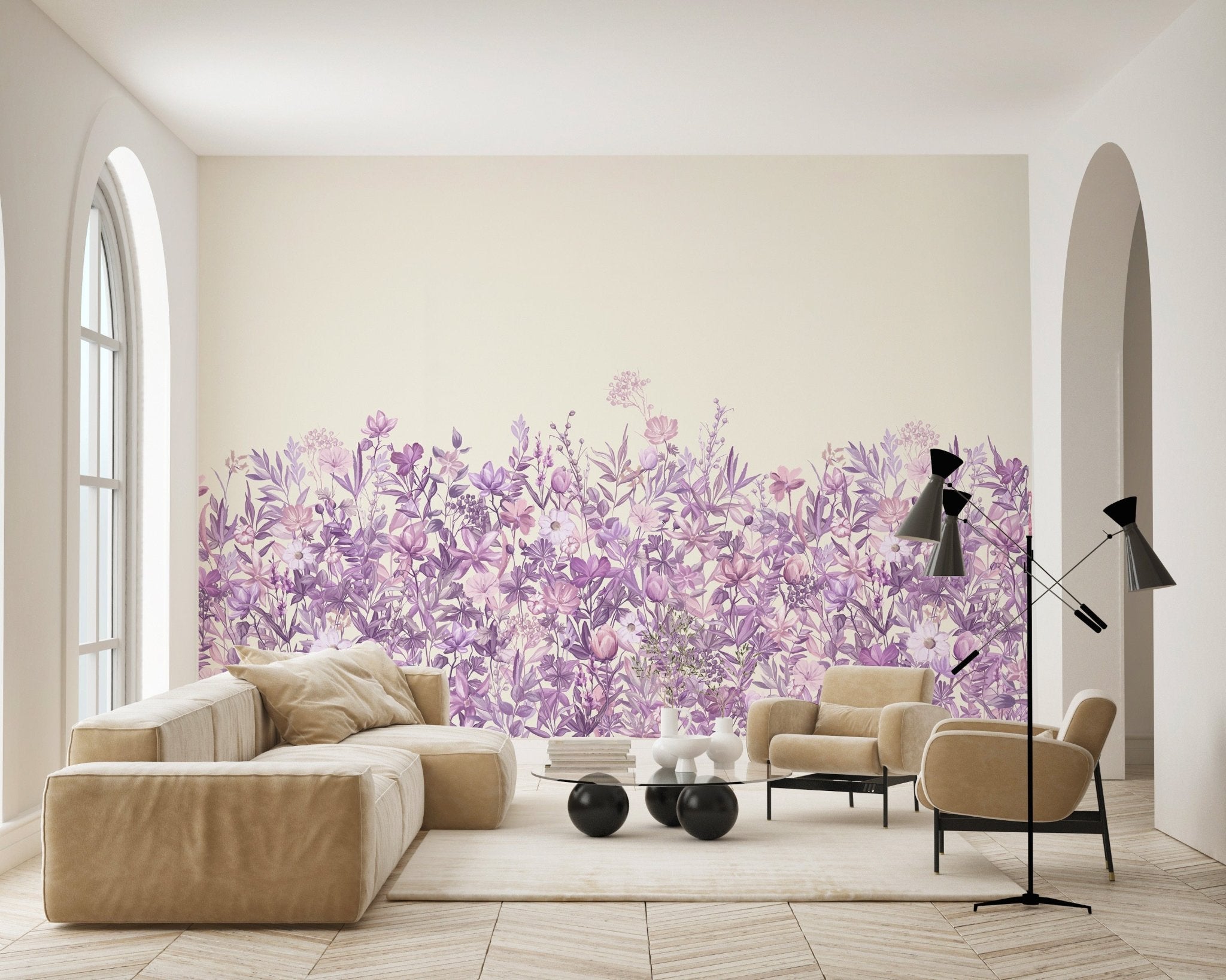 Papier peint fleurs au pinceau parme, XXL, tendance