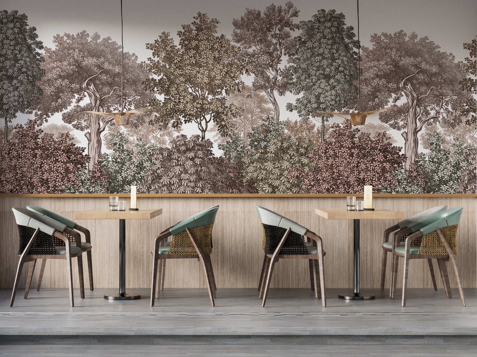 Papier peint paysage forêt gravure rosé, XXL, tendance