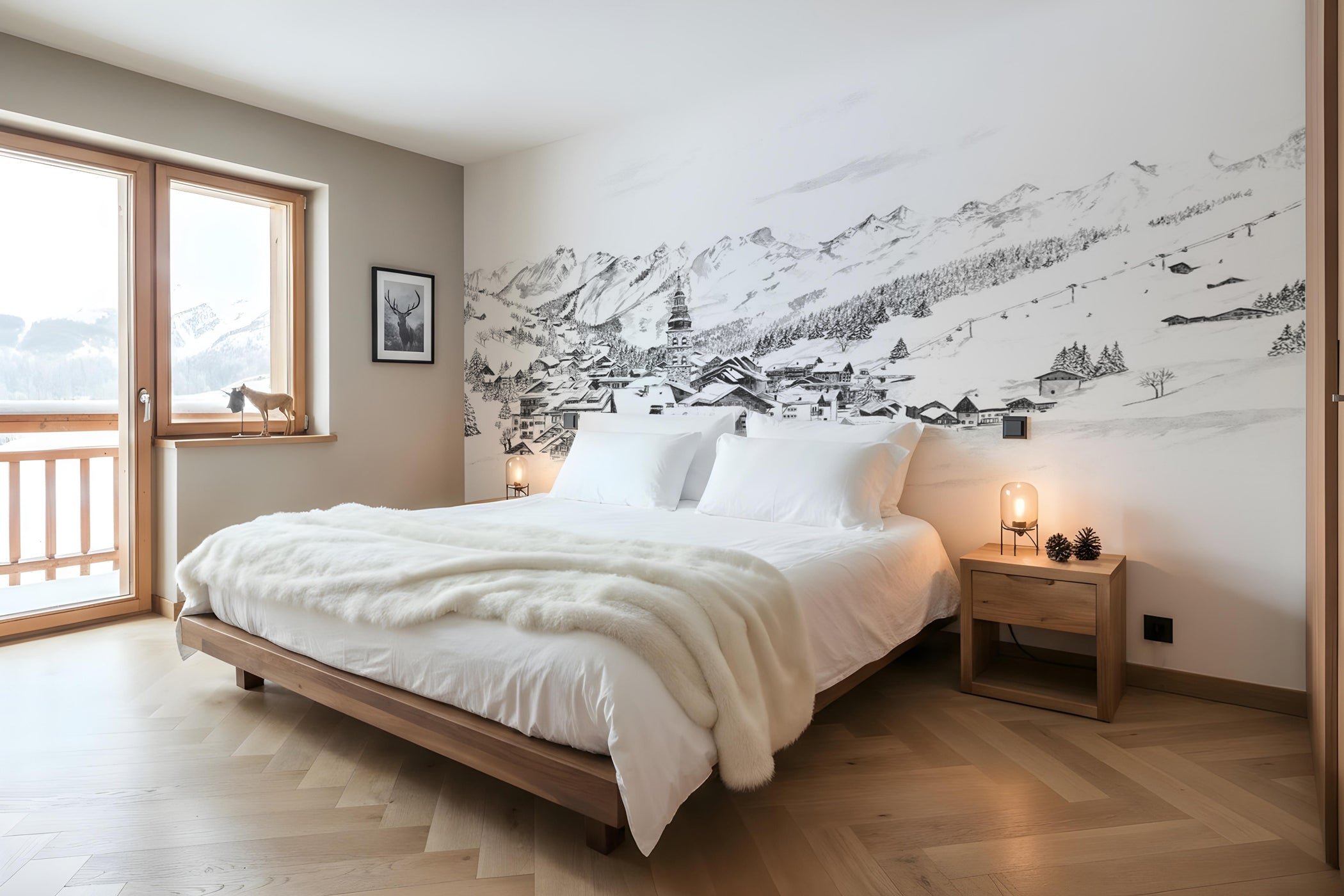 Papier peint panoramique La Clusaz en peinture - Noir et blanc