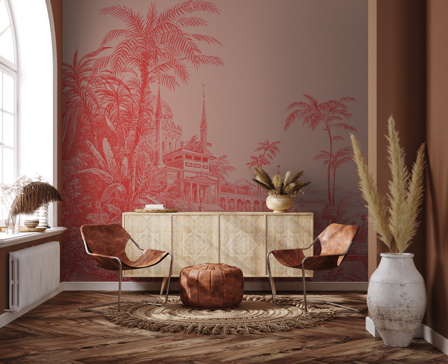 Papier peint jungle temple monochrome rouge, XXL, tendance