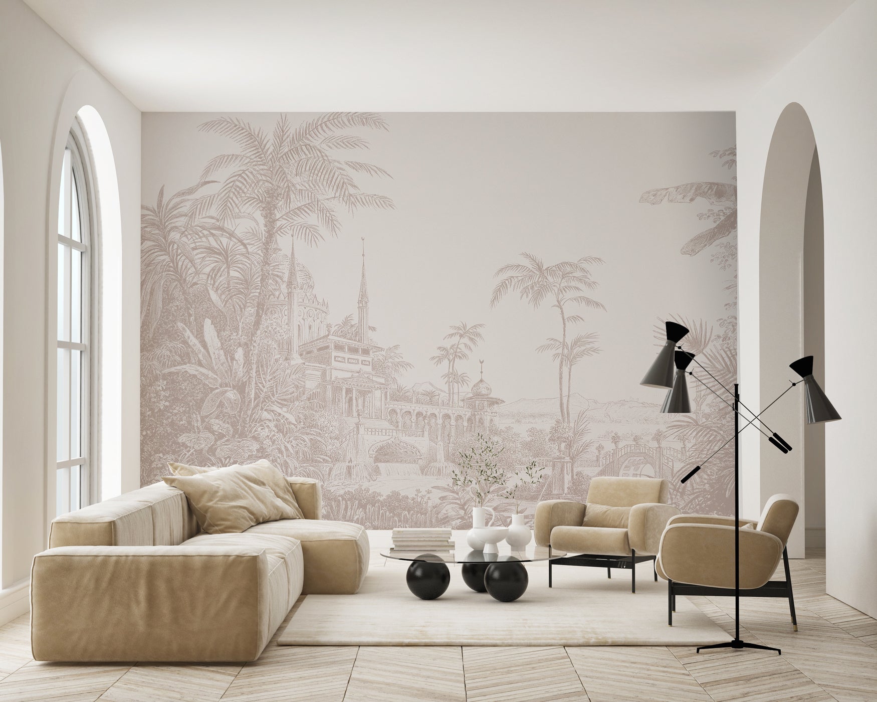 Papier peint jungle temple monochrome, mural concept, tendance