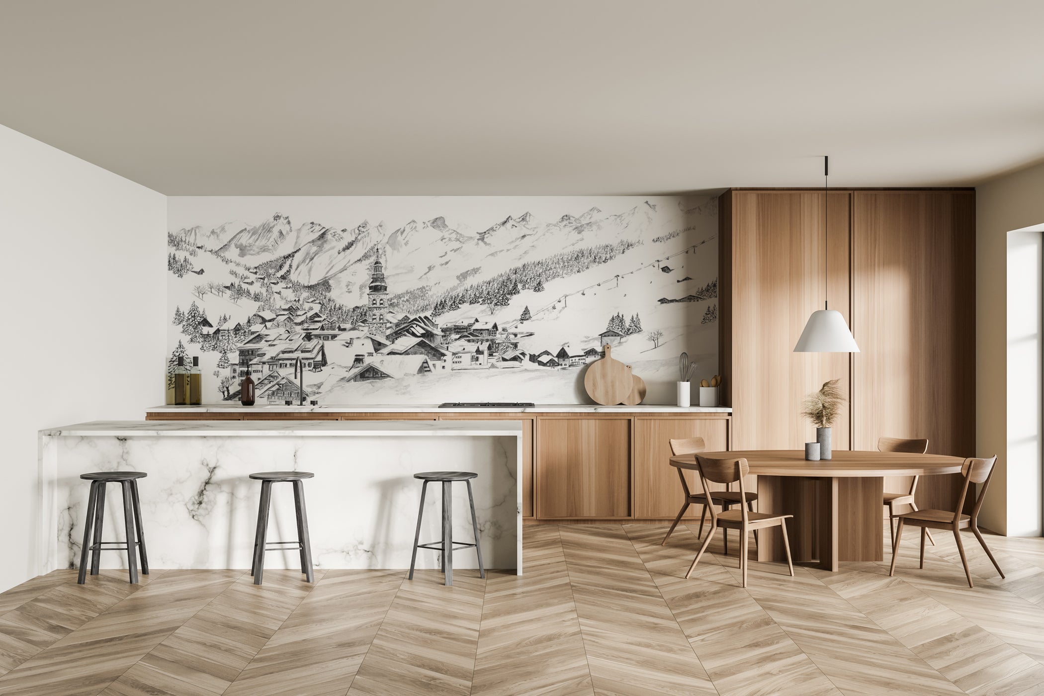 Papier peint panoramique La Clusaz en peinture - Noir et blanc