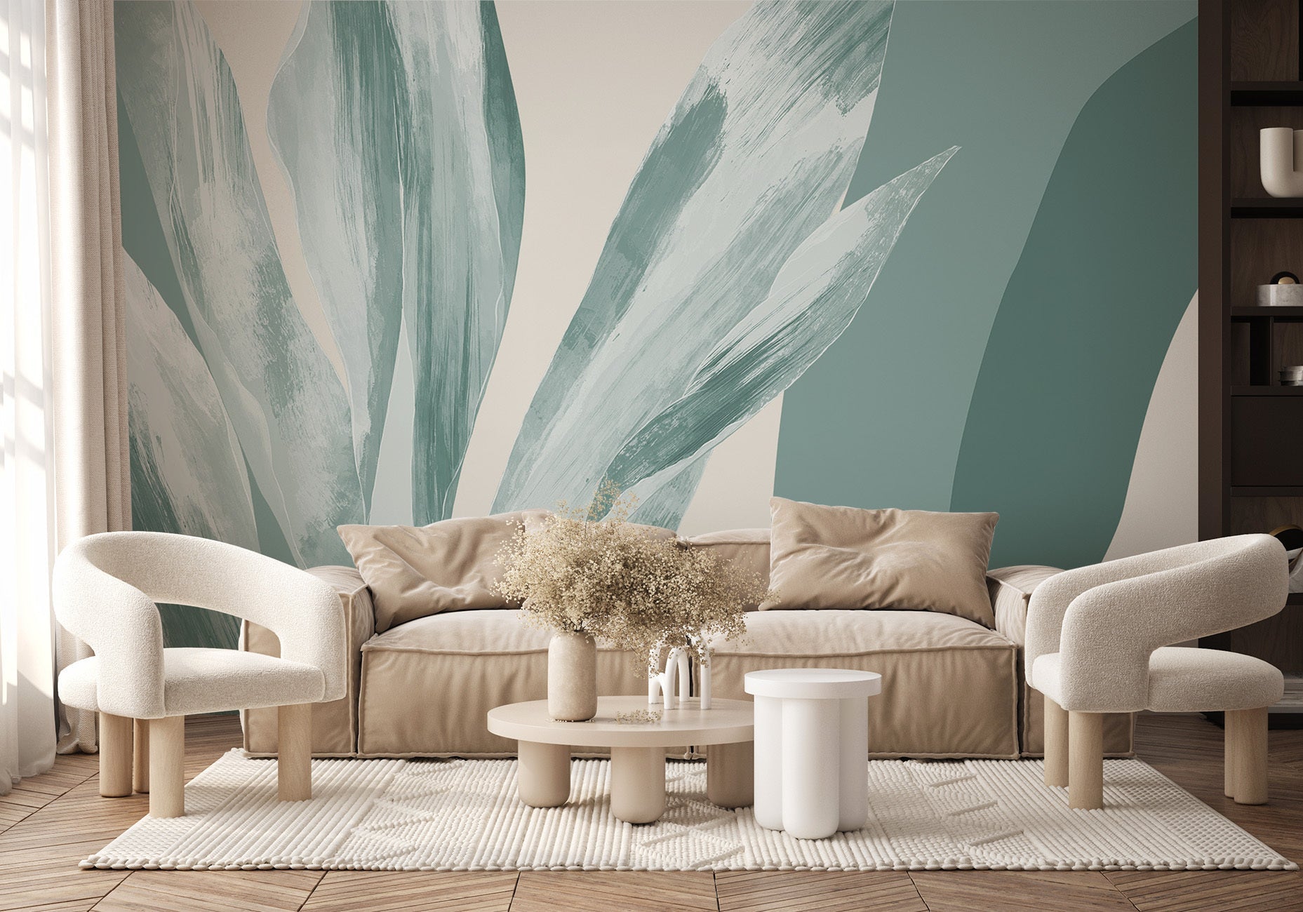 Papier peint panoramique étoffe florale vert d'eau - Muralconcept