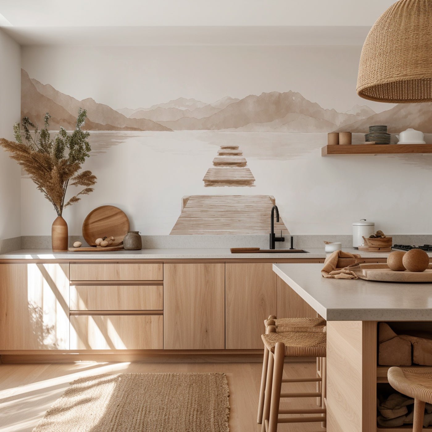 Papier peint  ponton sur le Lac d’Annecy - Monochrome beige - Muralconcept