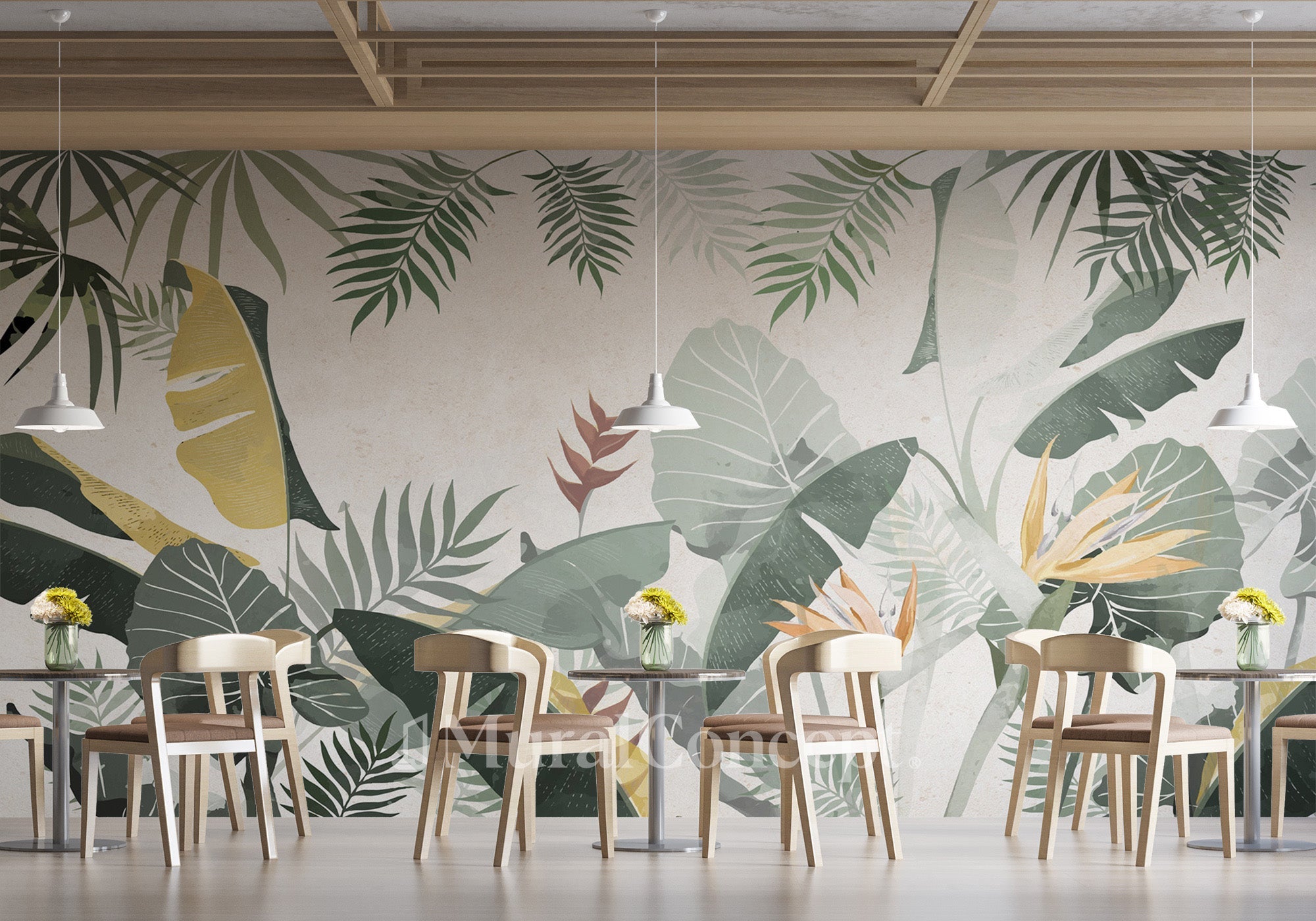 Papier peint restaurant végétal vert jaune, XXL, tendance