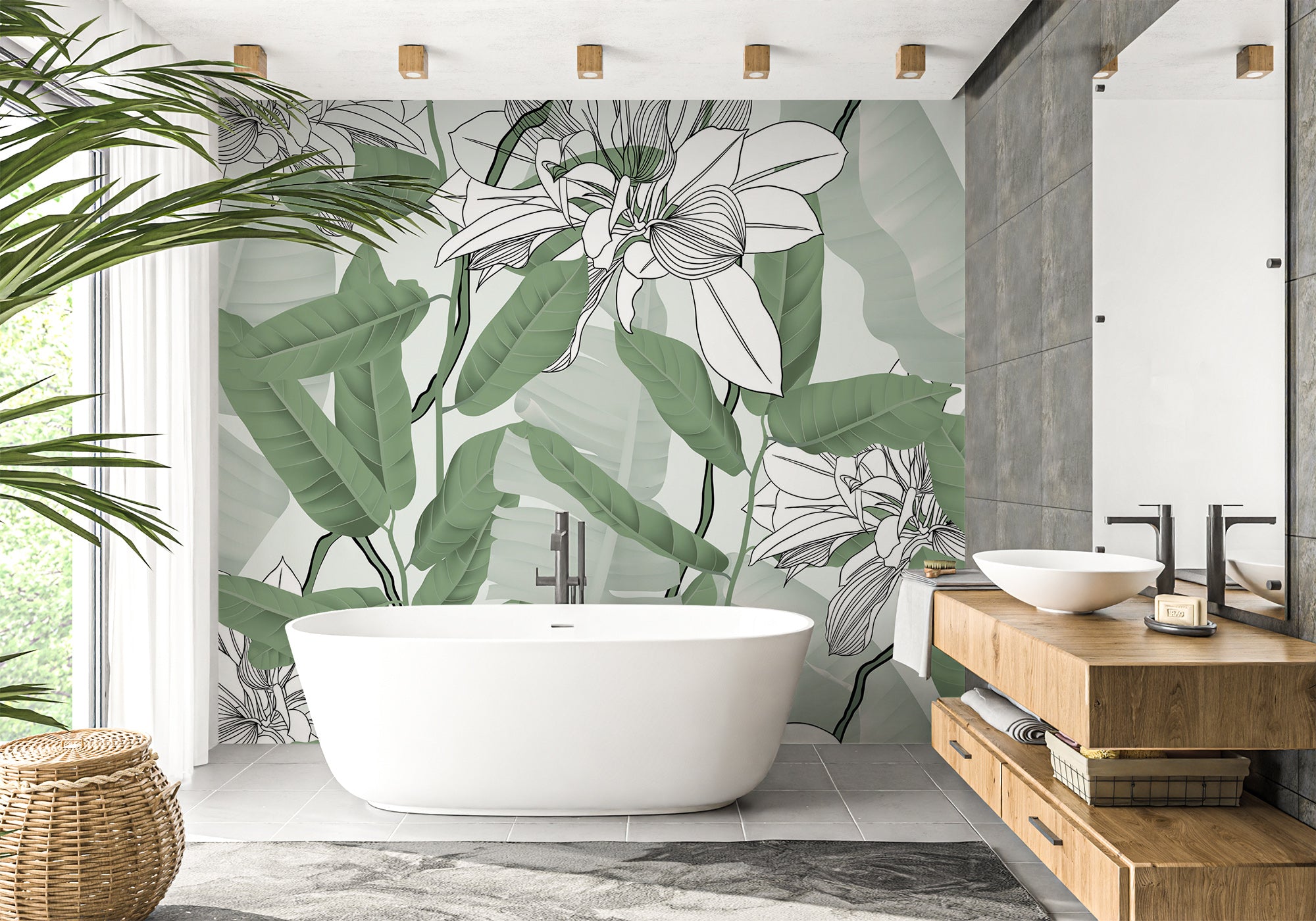 Papier peint salle de bain feuillage nature vert fleur NB, mural concept, tendance