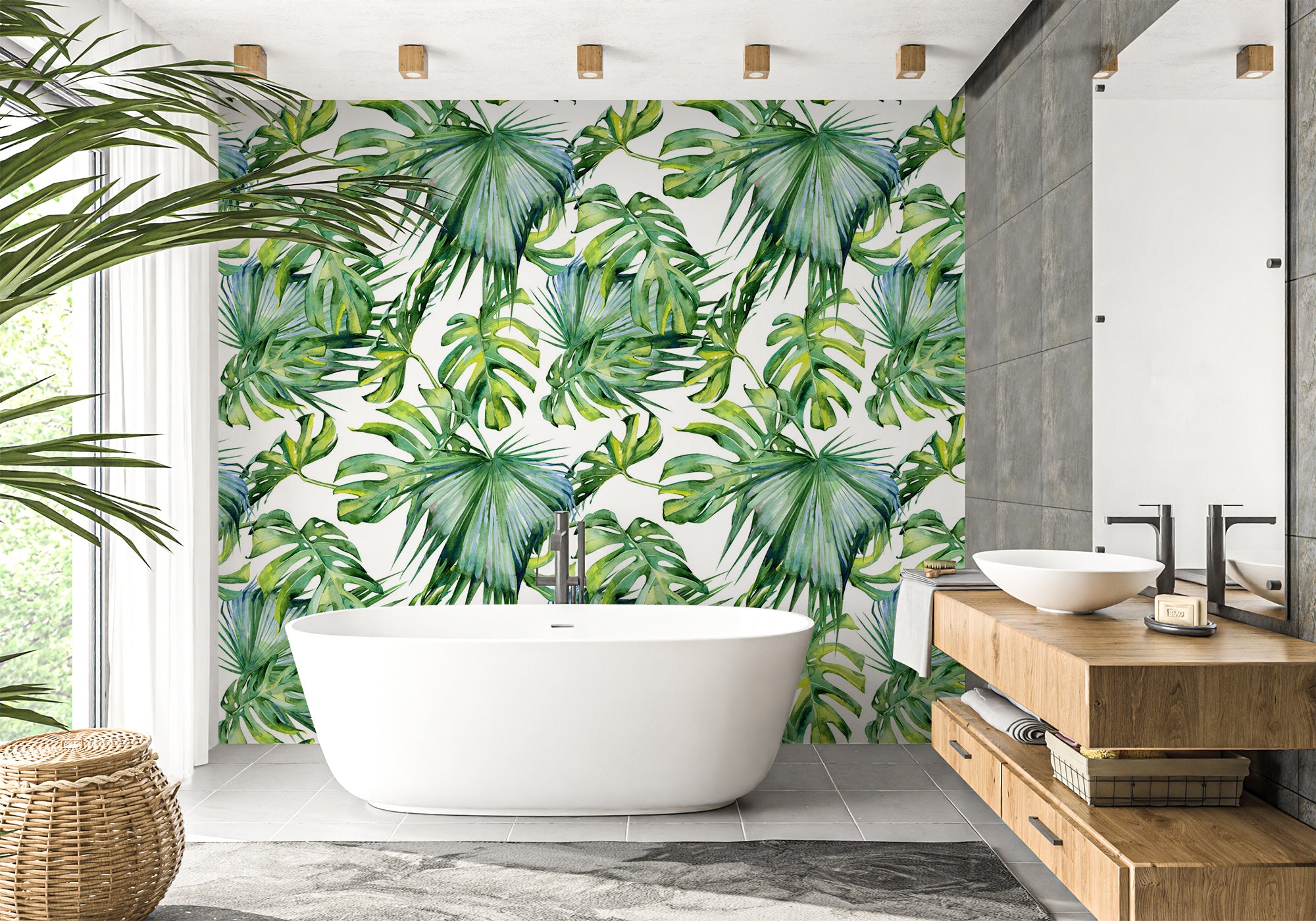 Papier peint salle de bain feuillages verts, mural concept, tendance