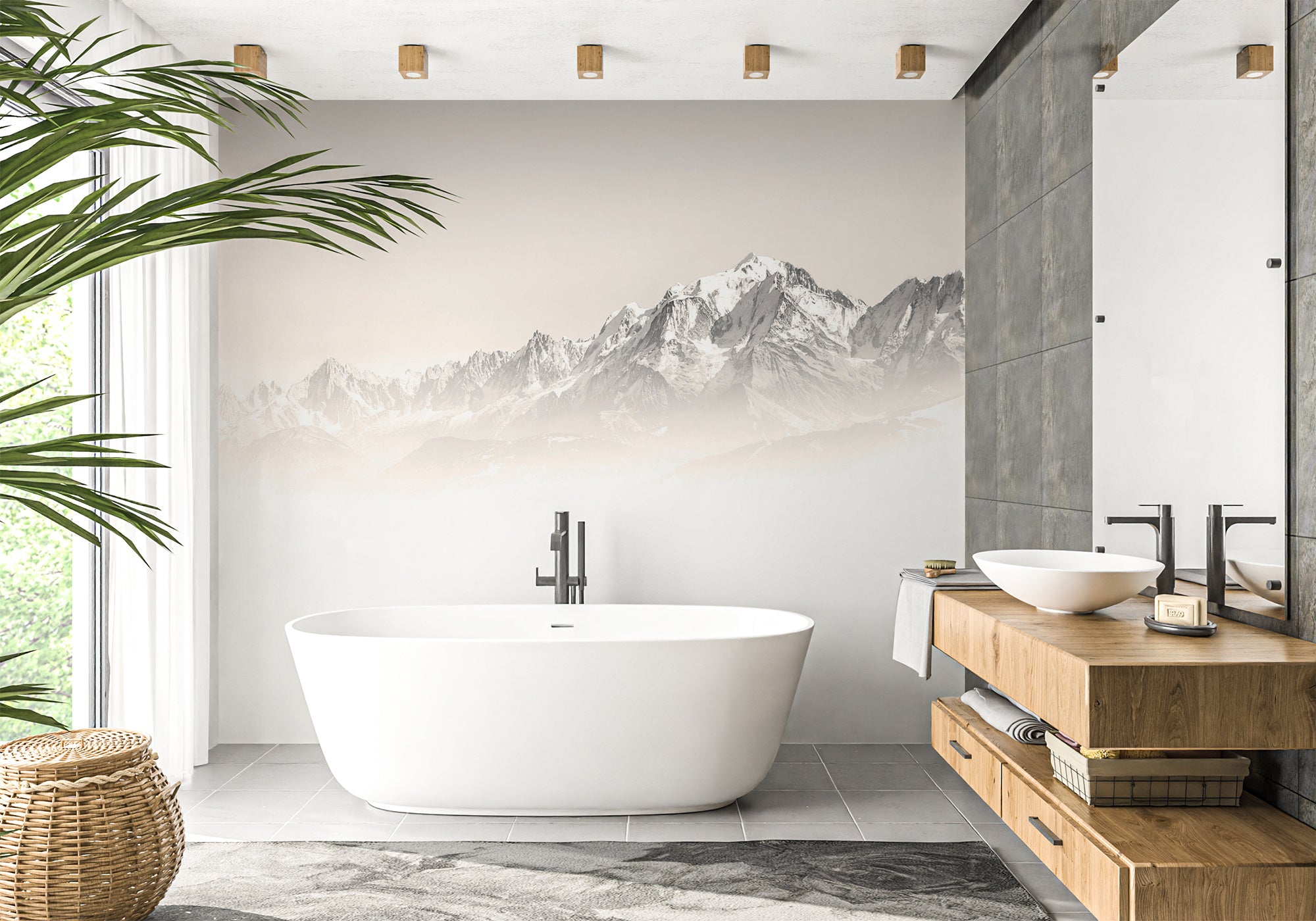 Papier peint salle de bain Mont Blanc dans la brume sépia, mural concept, tendance