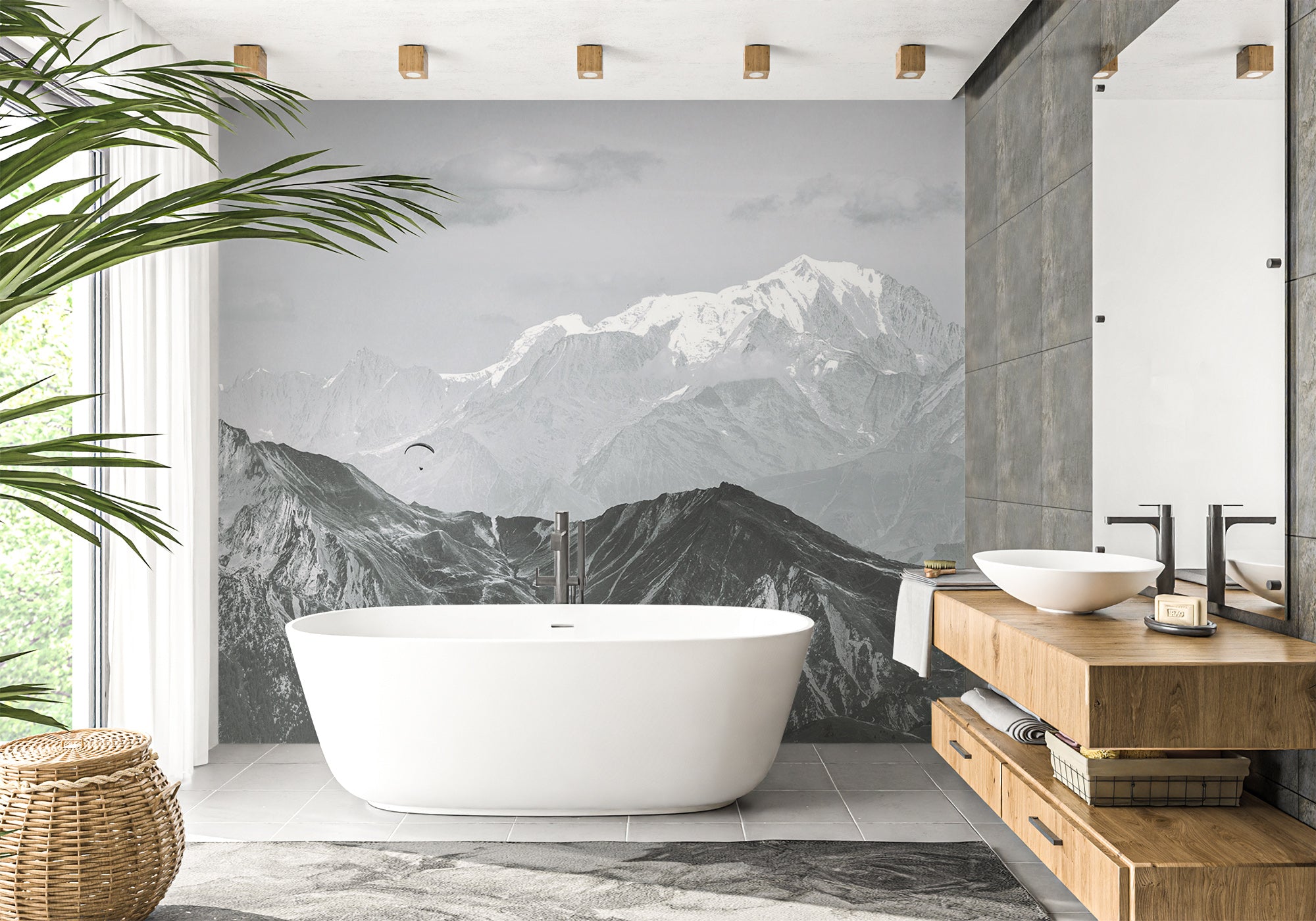 Papier peint salle de bain montagne ciel des aravis, mural concept, tendance