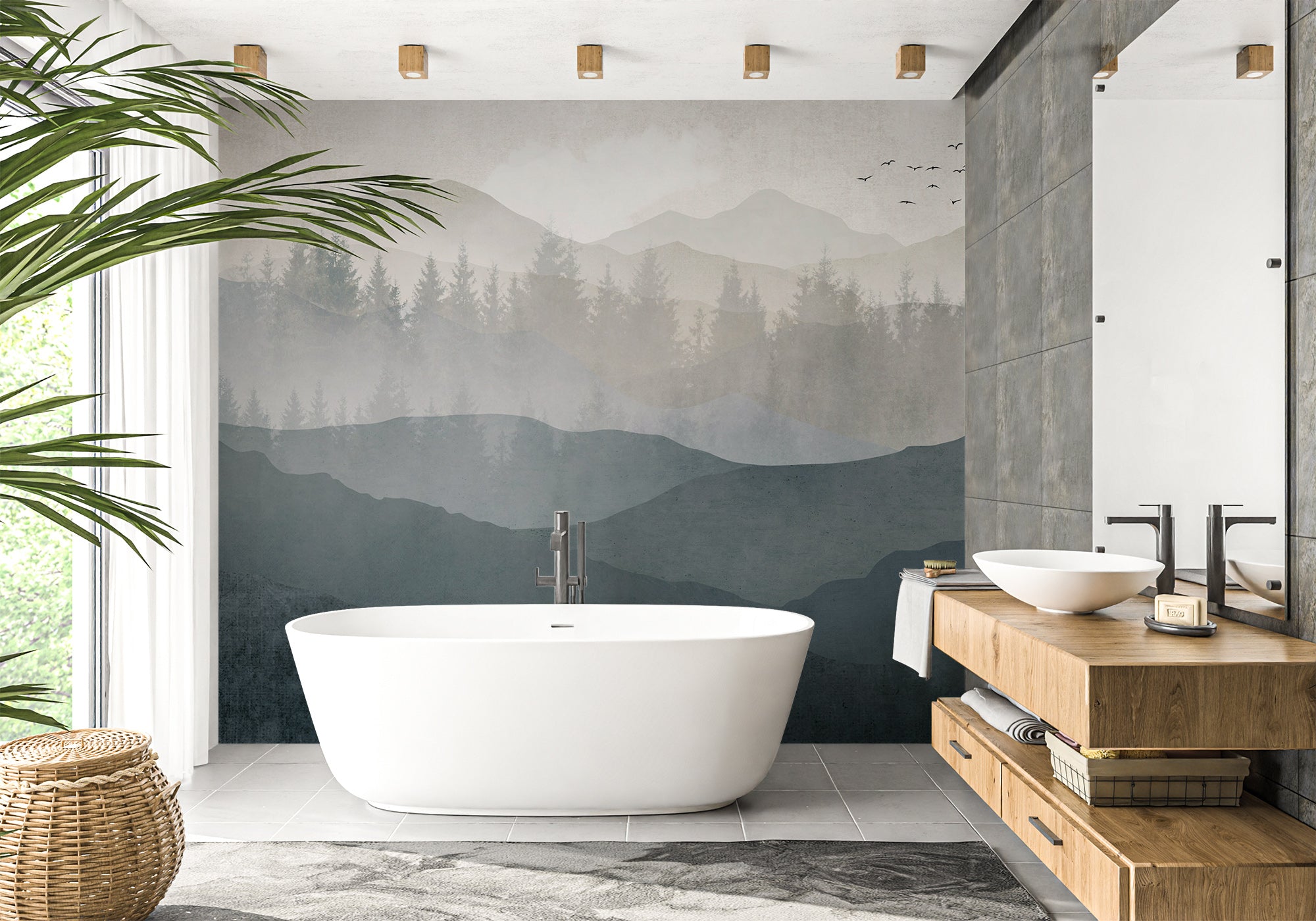 Papier peint salle de bain panorama nature noir et blanc, mural concept, tendance