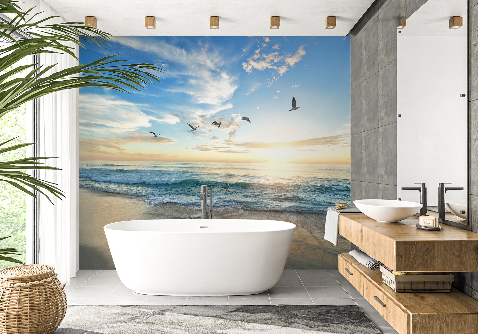 Papier peint salle de bain plage paradisiaque, mural concept, tendance