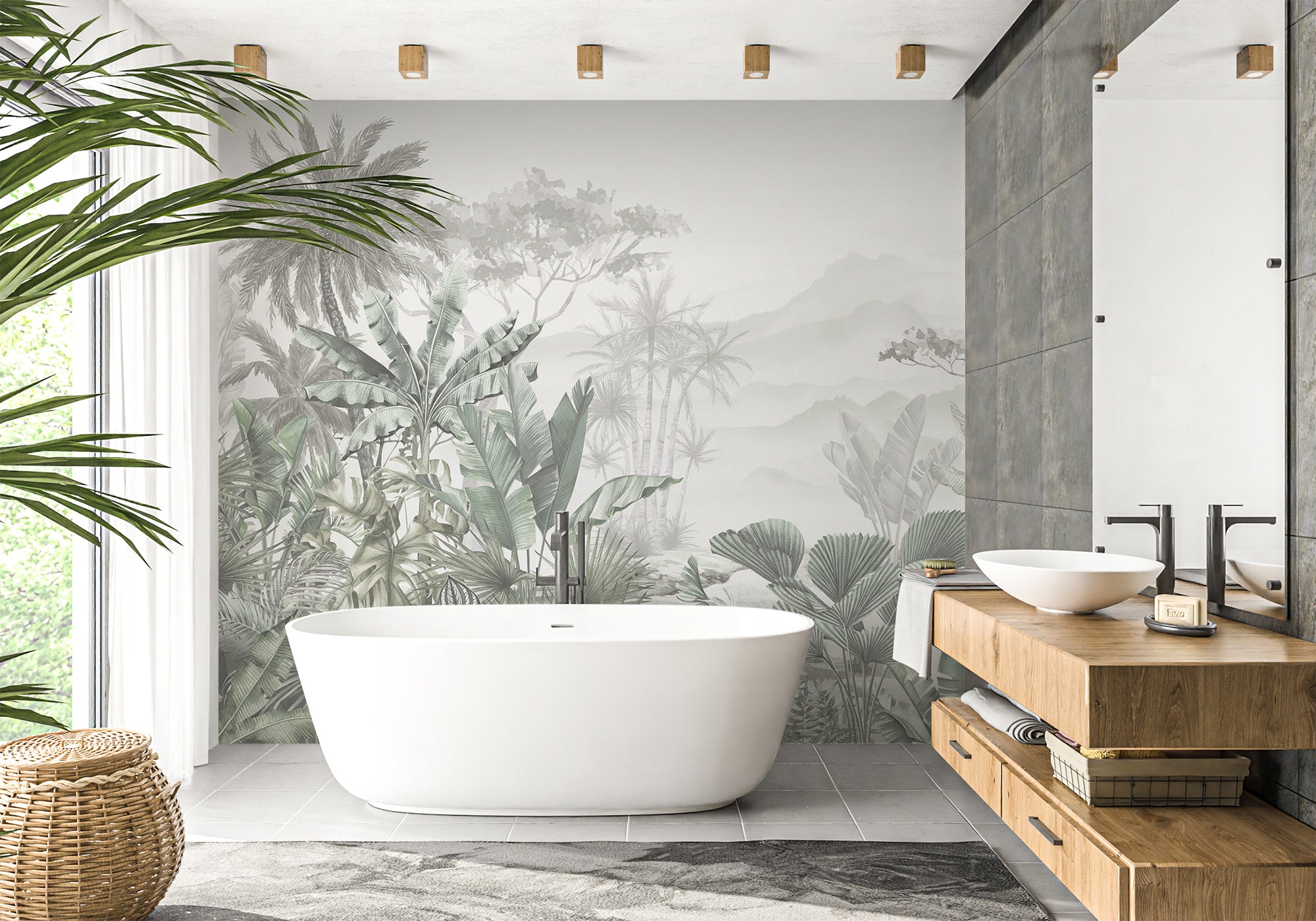 Papier peint salle de bain tendance tropical vert, mural concept, tendance