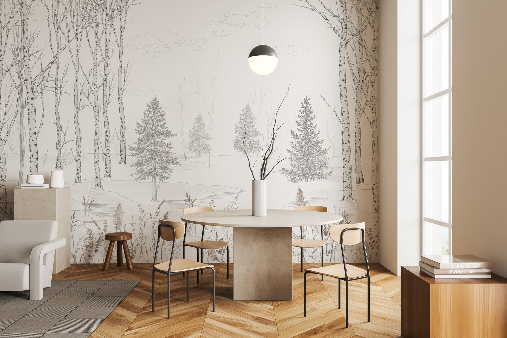 Papier peint forêt noir et blanc – Douceur des Bois, XXL, tendance