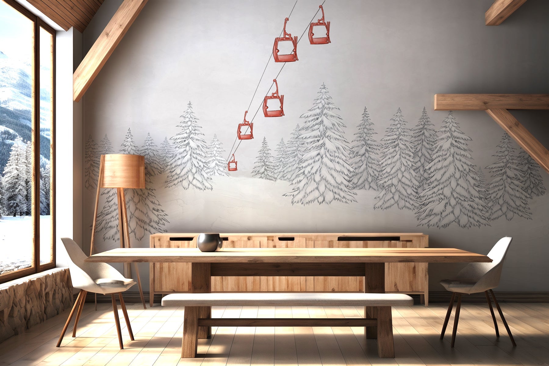 Papier peint montagne télécabine rouge - Muralconcept
