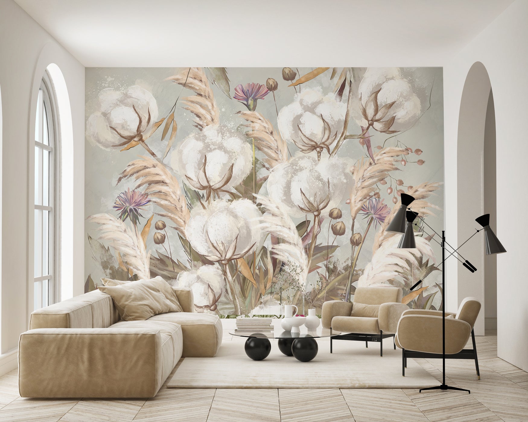 Papier peint panoramique fleur coton, mural concept, tendance