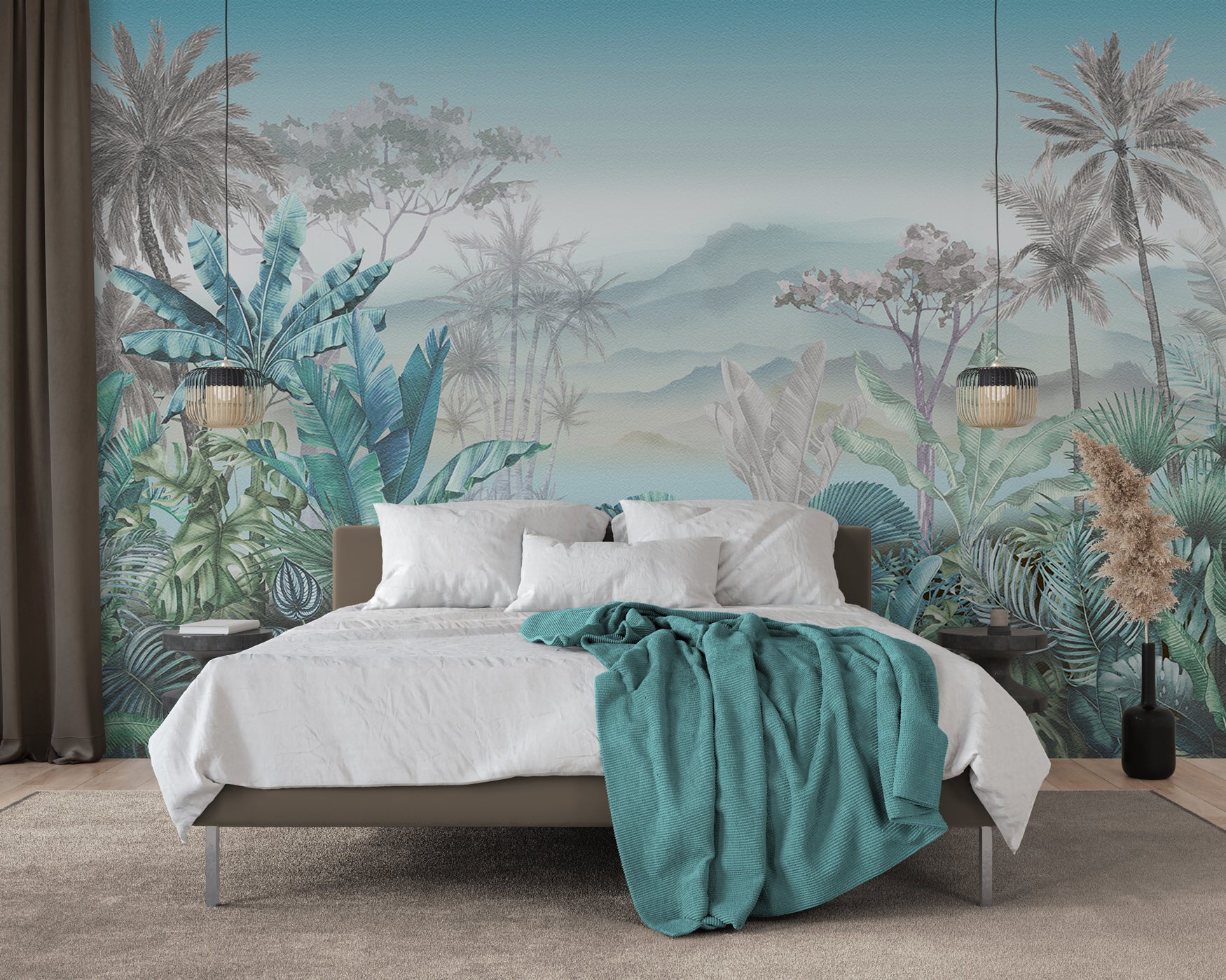 Papier peint tendance tropical bleu, mural concept, tendance