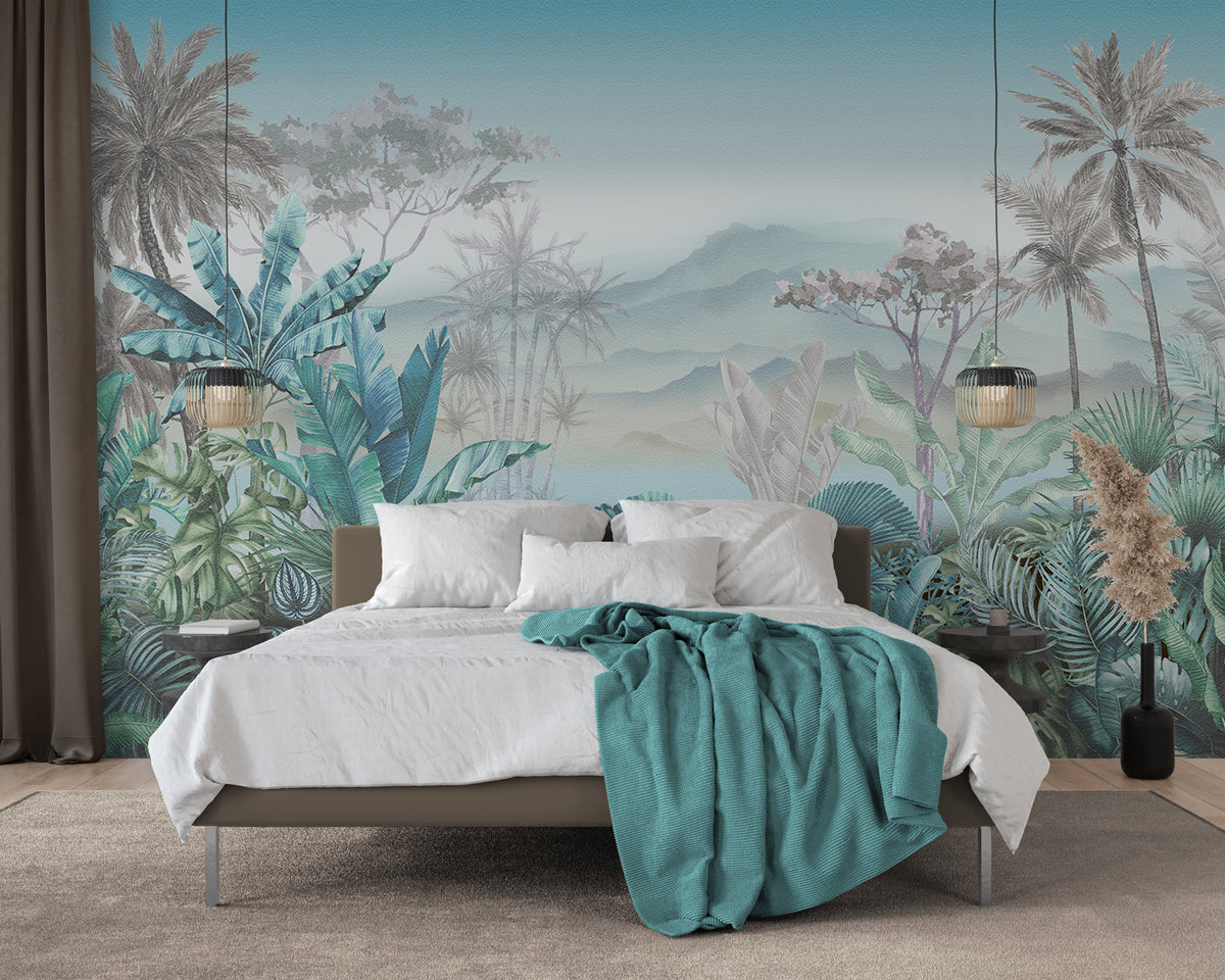 Papier peint tendance tropical bleu