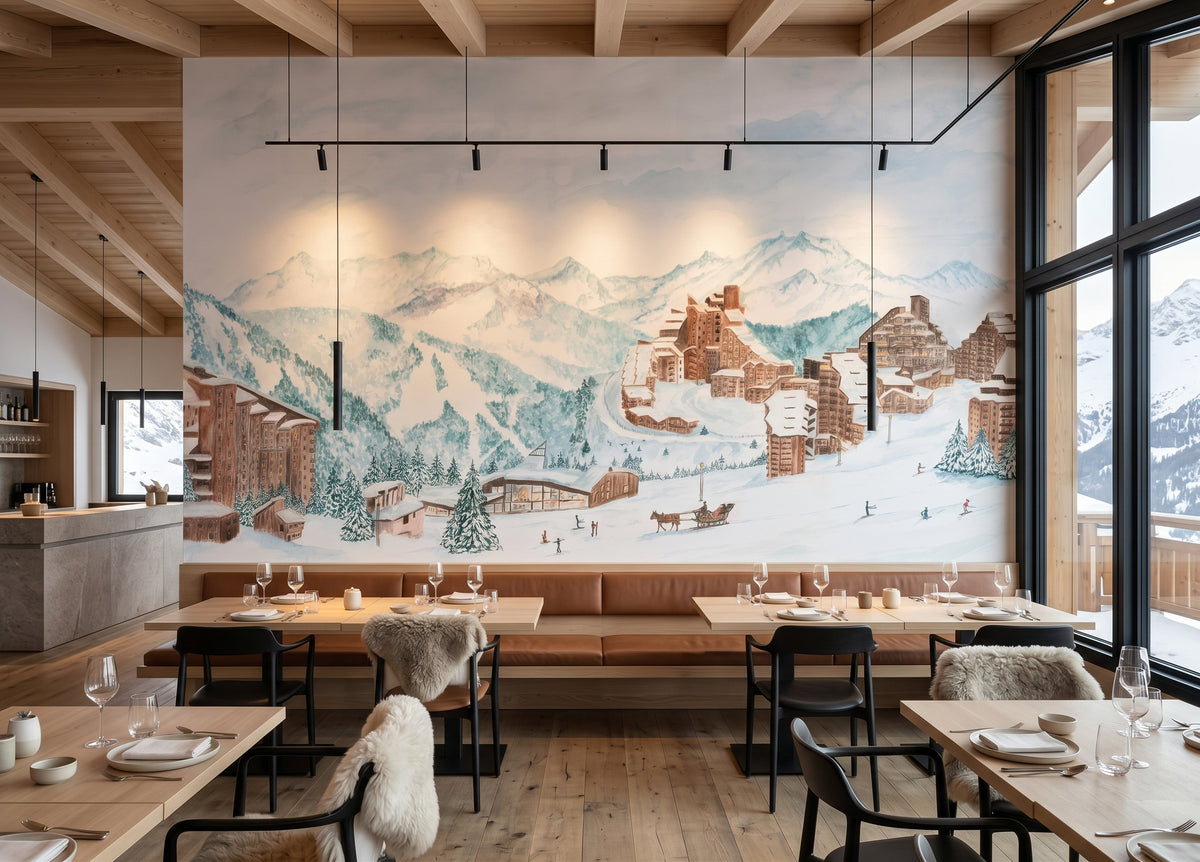 Papier peint panoramique Avoriaz – Ski, caleche, montagne en aquarelle