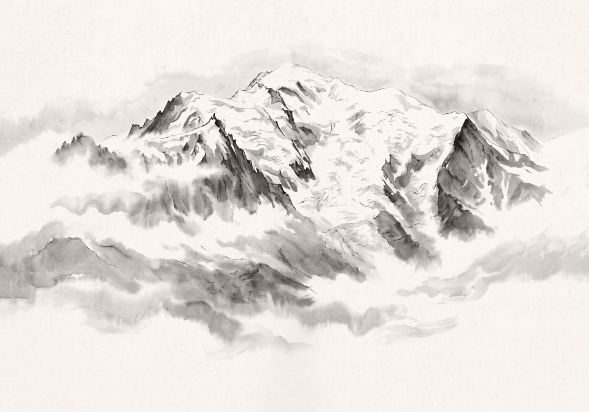 Papier peint panoramique Mont blanc à l'encre de chine – fresques brumeuses