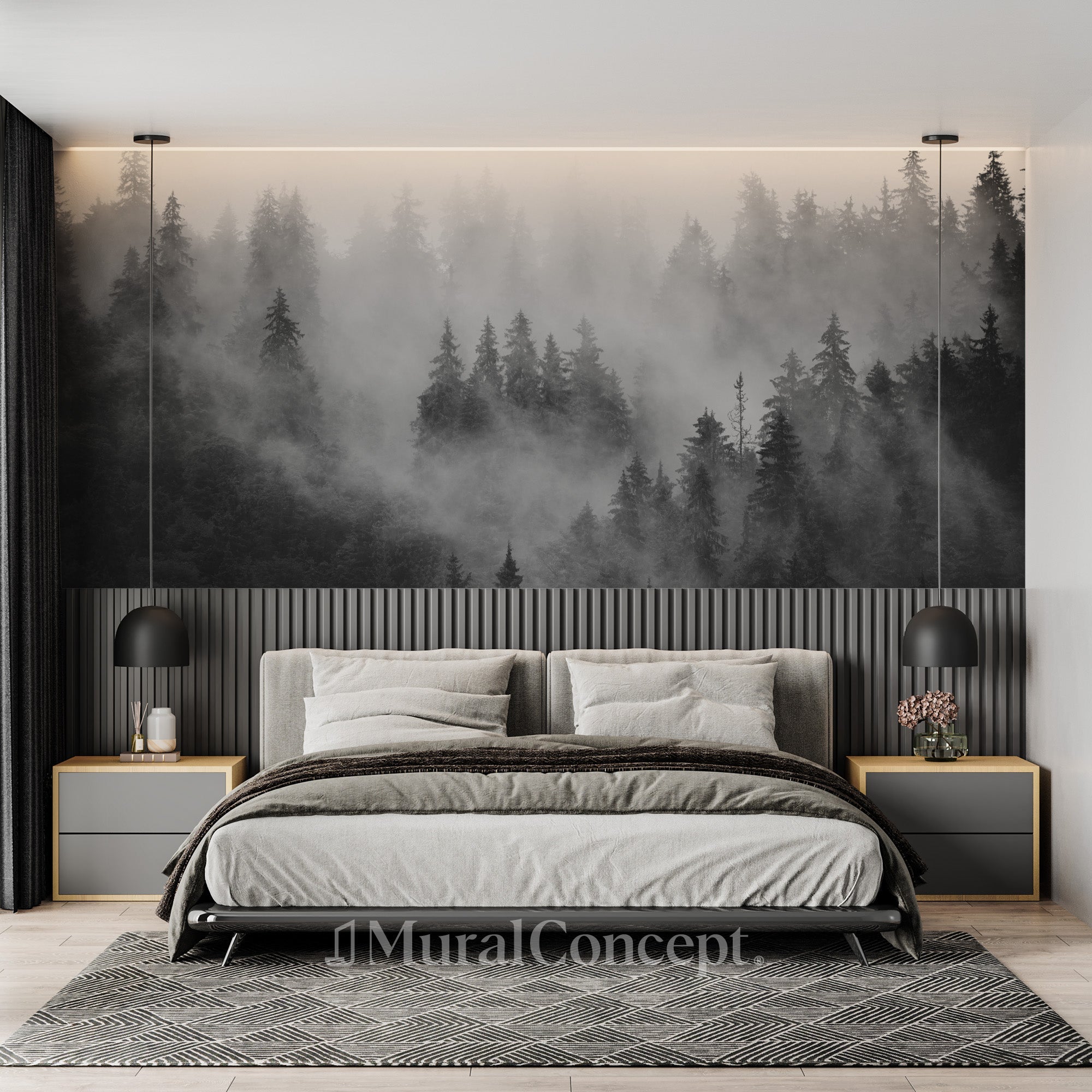 Papier peint forêt brumeuse noir et blanc - panoramique sur mesure francais - muralconcept