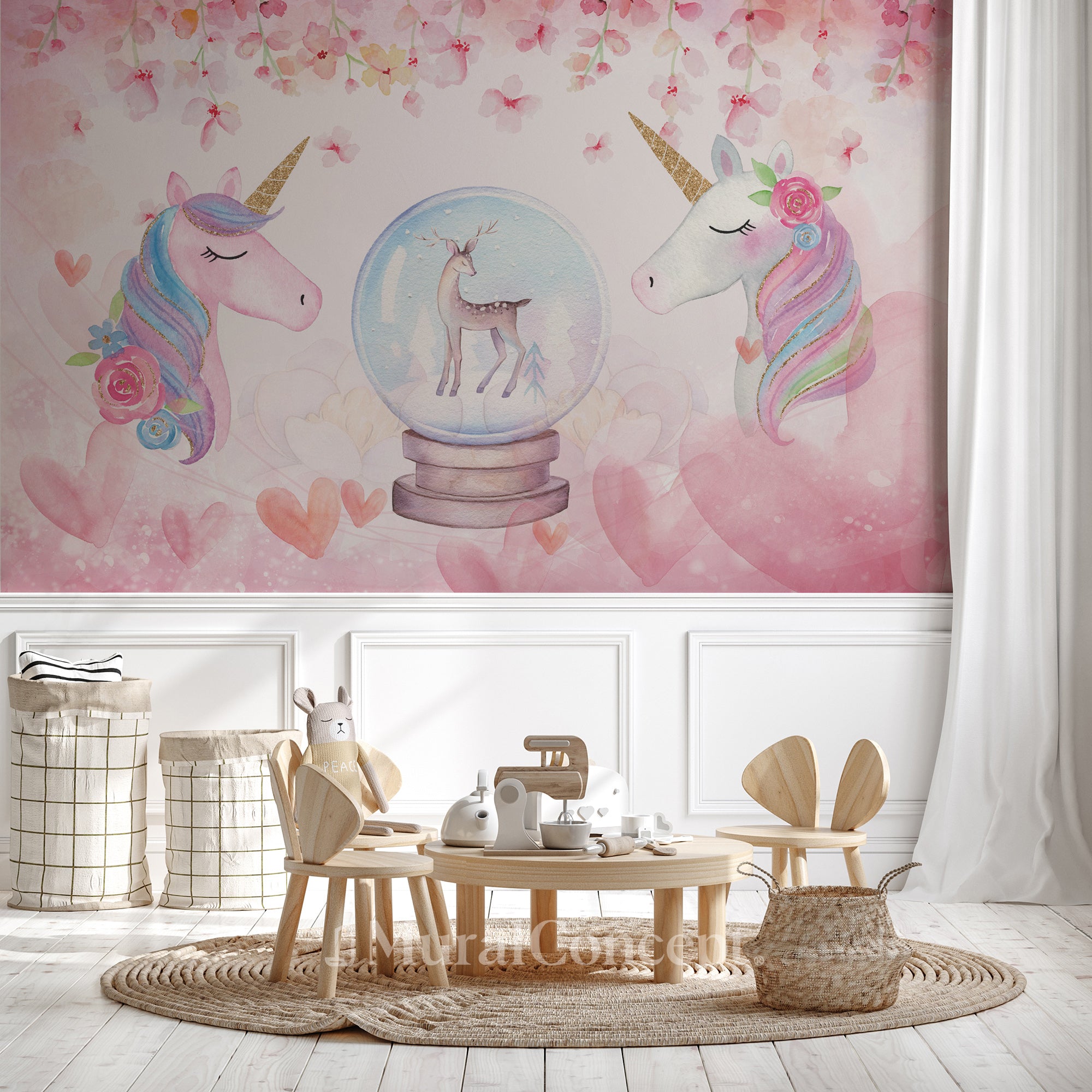 Papier peint chambre fille Licorne Girly - décor mural sur mesure français